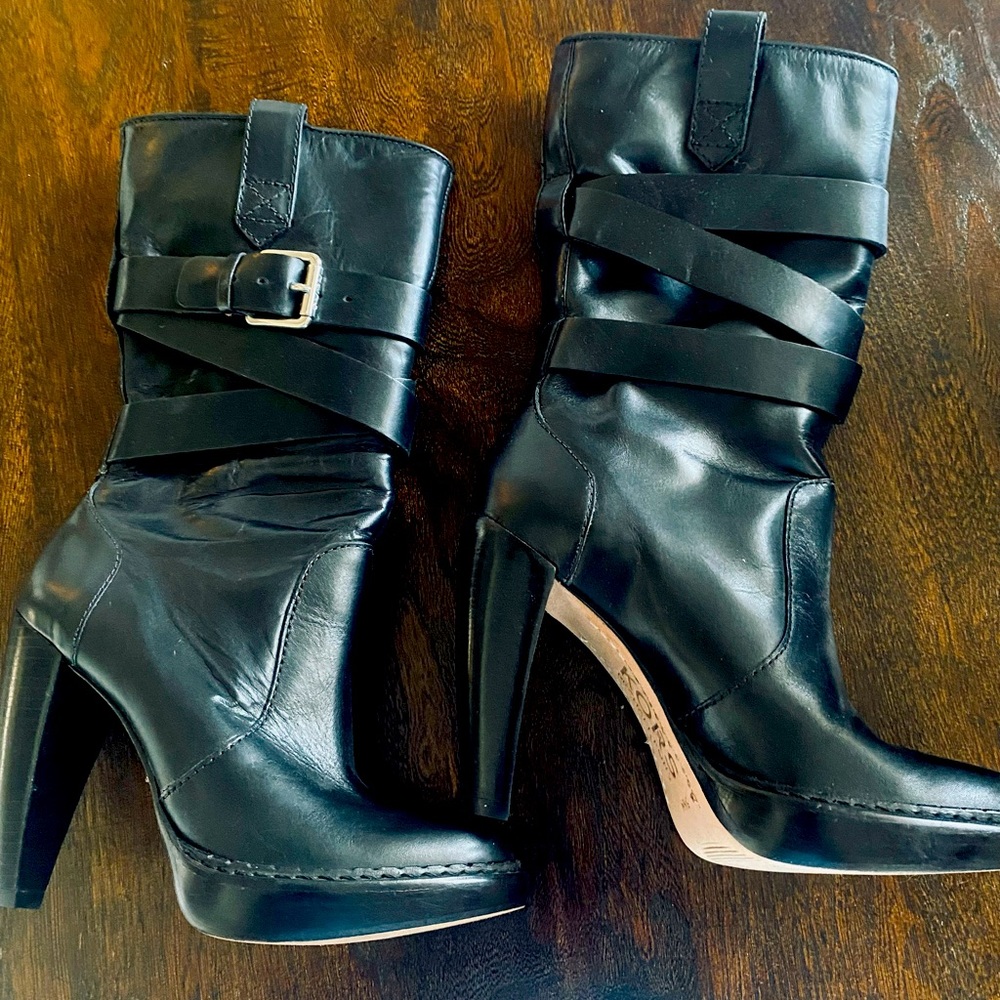 Michael Kors Black Leather Heeled Boots with Strap Detail
